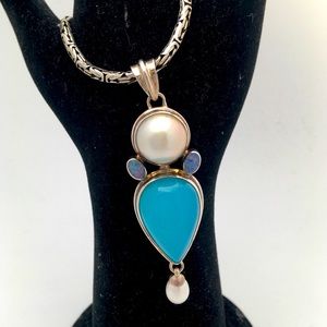 Bali Sterling Opal Blue Chalcedony  Pearl Pendant